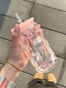 16oz Charming Pink Bow & Heart Pattern Glass Cup With Straw And Lid, Plastic Material, High Quality Reusable, Suitable For Juice, Coffee, Beer - Ideal Birthday Or Holiday Gift - Multicolor - View 4