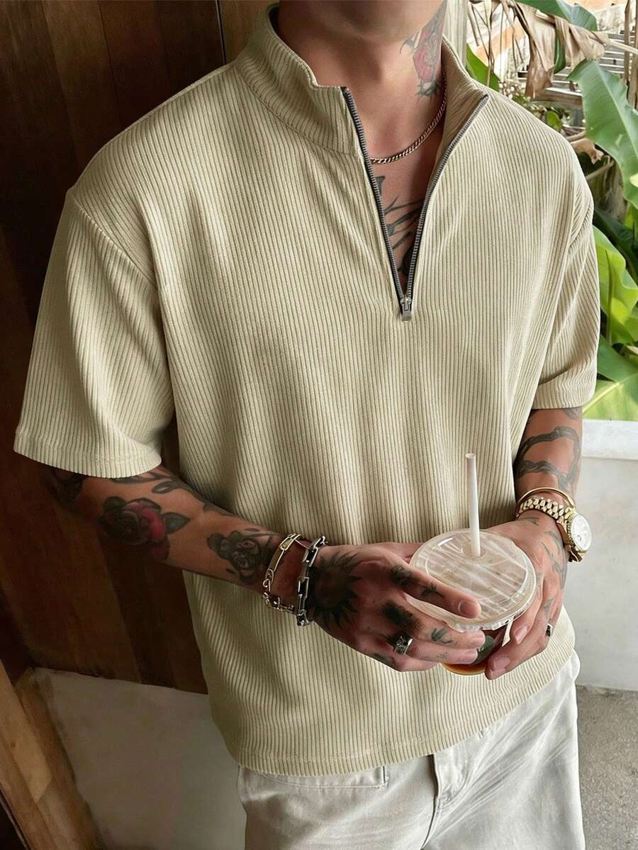 男士半拉链套头短袖衫，宽松罗纹面料，1件装 - 卡其色 - 查看 1