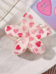 1 pieza Pinza para el cabello con estampado de flor y corazón rosa de estilo bohemio, material de ABS, adecuada para la playa, vacaciones, accesorios de moda de primavera/verano, pinzas casuales elegantes, clips de belleza para el cabello para mujeres - Corazón rosa - Ver 2