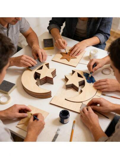 20pcs Wooden DIY Crafts, Natural Wood Tone Star & Moon Combination Wooden Decorative Pieces, Eid Festival DIY Handpainted Hanging Decor, Home Wall Decor, Holiday Party Decoration Supplies