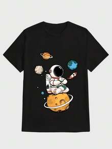 Camisa con estampado de astronauta en el espacio,Camiseta casual de cuello redondo y manga corta con estampado,adecuada para uso diario en primavera y verano,unisex - Negro - Ver 1