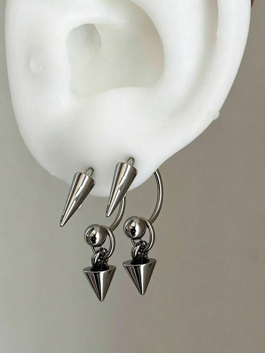 2pcs Punk Rock Style Stud Earrings, Stainless Steel Material, Suitable For Cartilage, Helix, Ear Cuff Piercing, Unisex Daily Wear, 16G (1.2mm) - Silver - View 1