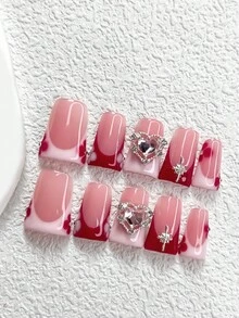 10 piezas de pegatinas de uñas francesas de estilo hecho a mano, en colores rojo y blanco, de estilo romántico, con diseños de pétalos rojos, estrellas, corazones dobles y diamantes, en colores nude, disponibles en 3 tamaños: almendra, pico de pato y forma de ataúd, incluye herramientas para uñas (1 pegatina de gelatina + 1 lima de uñas), adecuado como regalo para niñas/mujeres, también adecuado para reuniones grupales o suministros de uñas para citas - Multicolor - Ver 17