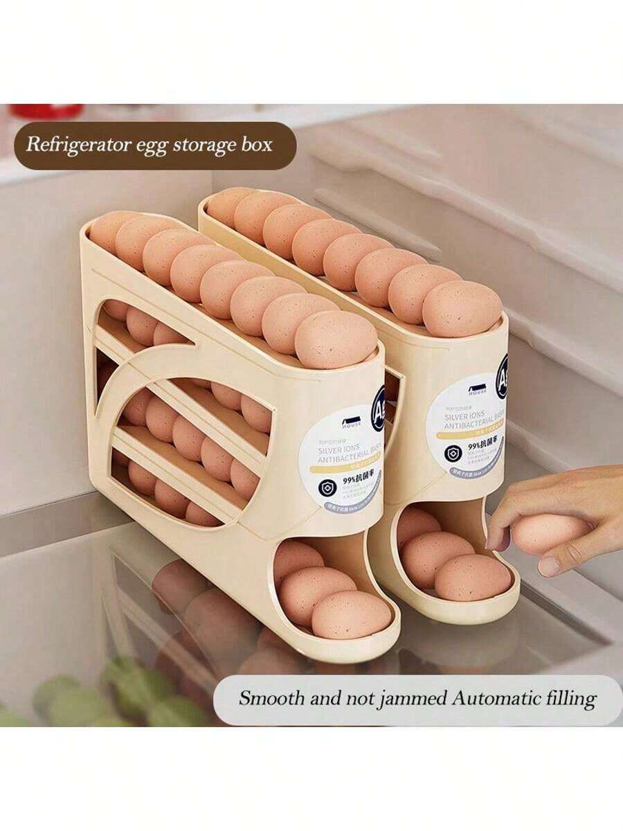 1pc Automatic Rotating Refrigerator Egg Dispenser Organizer Rack, 4-Tier Space Saving Egg Tray Holder, Holds 28 Eggs, Durable Plastic Egg Storage Rack For Fridge, Countertop, Cabinet