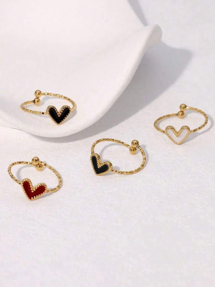 1枚不锈钢时尚黑白红珐琅心形戒指，适合女性日常佩戴和约会，情人节礼物 - 彩色 - 查看 1