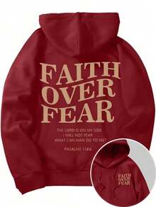 Men's Letter Graphic Hoodies Long Sleeve Faith Over Fear Hoodies Pullover Sweatshirt StreetwearBack To School Hoodie Teen, A Great Gift For Boyfriend - 紅色 - 查看 1