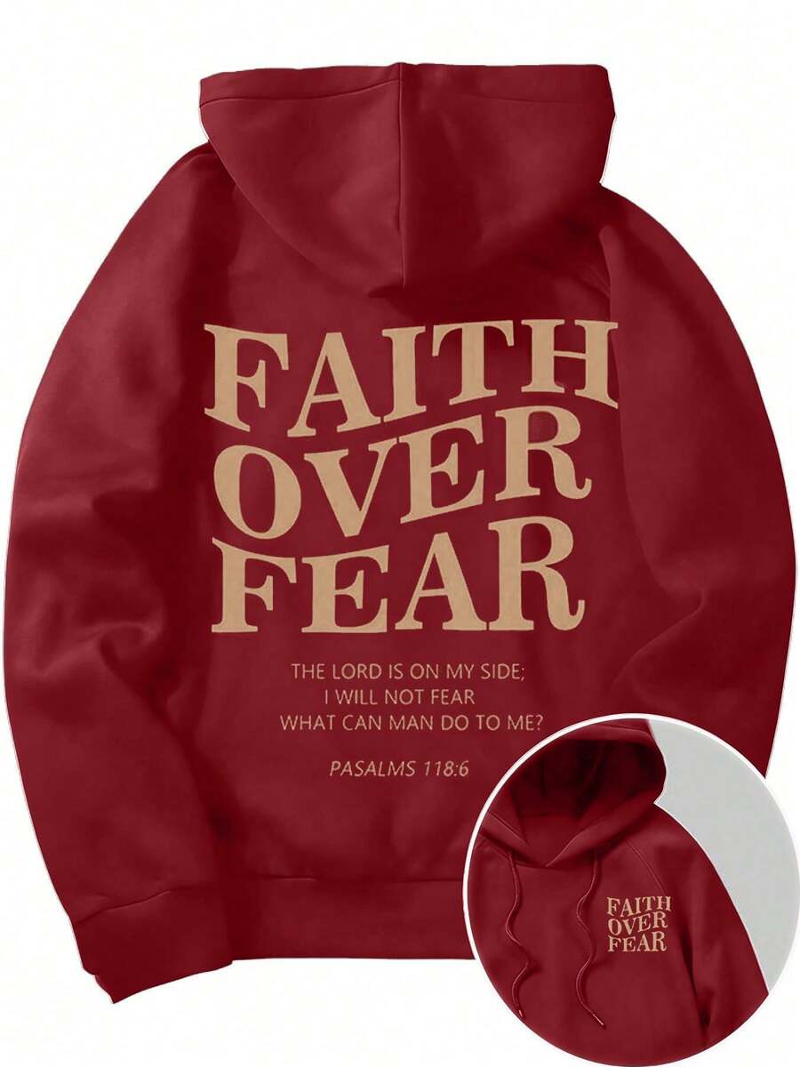 Men's Letter Graphic Hoodies Long Sleeve Faith Over Fear Hoodies Pullover Sweatshirt StreetwearBack To School Hoodie Teen, A Great Gift For Boyfriend - 紅色 - 查看 1