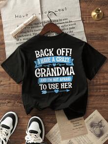 1件装幼儿男童创意卡通图案字母标语印花基础款圆领短袖T恤，休闲时尚男童服装 - 黑色 - 查看 3