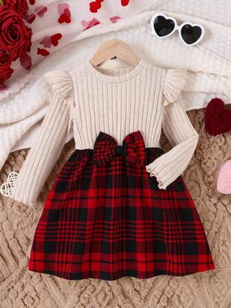 小女孩圣诞蝴蝶结装饰长袖圆领连衣裙