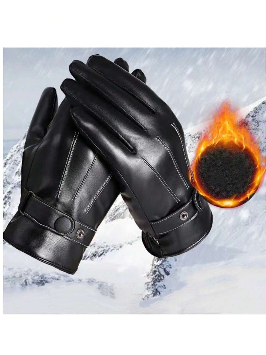 1 Pair High-Quality Faux Leather Winter Warm Gloves, Touchscreen Sensitive, Thermal Lined For Warmth, Windproof, Waterproof, Anti-Slip, Lightweight, Suitable For Men And Women, Ideal For Cycling, Motorcycling, Commuting In Cold Weather - Multicolor - View 1