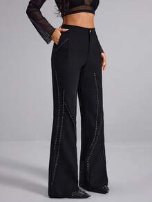 女士黑色喇叭裤，Y2K暗黑朋克风格，饰有水钻，性感哥特风黑色喇叭裤，适合日常穿着、通勤、上学、旅行、街头穿搭、音乐节、嘉年华等场合。 - 黑色 - 查看 4