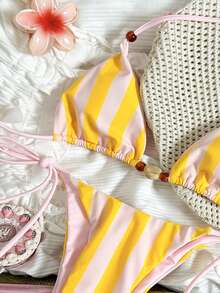 Conjunto de bikini de mujer a rayas amarillas y rosas, sexy con cuentas, de tela de alta elasticidad, adecuado para la playa, la piscina, fiestas, vacaciones - Primavera/Verano - Rosa - Ver 5