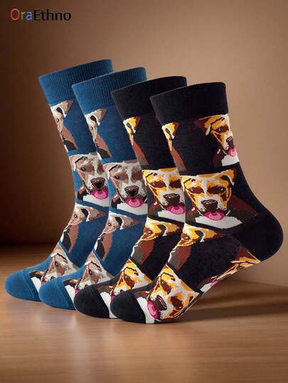 1 Pair Of Men's Cute Dog Pattern Theme Cartoon Printed Contrasting Color Sweat-Absorbing Soft Comfortable Novel Interesting Mid Calf Socks, Cool Gifts For Dog-Loving Guys, Brothers, Fathers, Boyfriends On Birthday, Halloween, Christmas, Daily Casual Wear, Fall & Winter Warm Style Socks, Adorable Dog Pattern Mid Calf Socks For Men