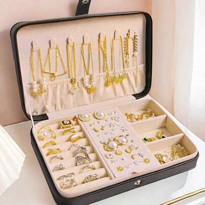 1pc PU Jewelry Storage Box, Portable Travel Jewelry Storage Box, Dressing Table Storage Container, Multi-Compartment Travel Jewelry Display Box, Multi-Function Jewelry Storage Box, Dustproof Storage Box, Storage Gift Box, Jewelry Box, Simple Flip Cover, Large Capacity, Suitable For Storing Rings, Necklaces, Earrings