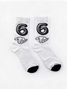 1/2/5 双装中筒创意男女通用袜，印有“6/7”数字和手势图案，前卫男士袜，复古原宿“六七”嘻哈风格袜，适合日常穿着，白色袜子，女士袜，适合年轻人，四季皆宜休闲穿着 - 彩色 - 查看 4