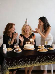 2件装 - 黑色金色生日一次性桌布，54英寸 x 72英寸，黑色和金色相间的桌布，适用于派对、烧烤、婚礼、高级餐厅、生日派对、厨房餐厅、节日派对装饰、家居装饰、餐桌装饰 - 彩色 - 查看 3