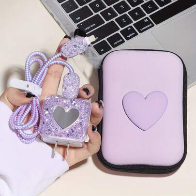 6 pièces Ensemble de protecteurs de câble et de chargeur en forme de cœur violet brillant, avec sac de rangement en EVA et protecteur de câble de données - compatible avec l'adaptateur Apple 18W/20W
