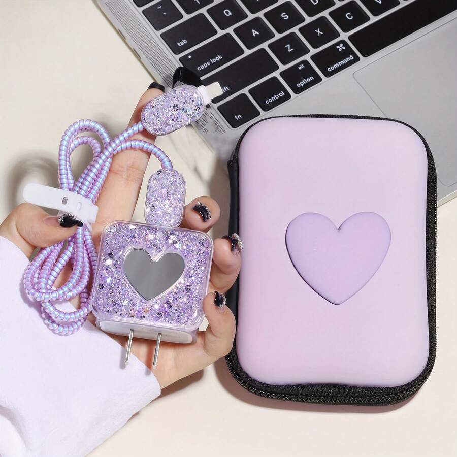 6pcs Shiny Purple Heart Charger & Cable Protector Set, With EVA Storage Bag And Data Cable Protector - Compatible With Apple 18W/20W Adapter - Mauve Purple - View 1