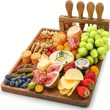 Wooden Cheese Board Set, Charcuterie Sets Cheese Tray Appetizer Board And Meat Platter, With 4 Stainless Steel Cheese Knives Easy To Carry, Perfect For Wedding Gifts Christmas Birthday Parties Halloween Gifts, Kitchen Travel-Friendly, 2/1 Sets - Brown - View 14