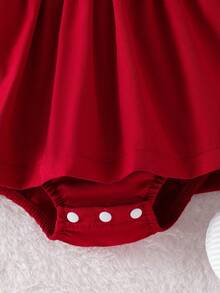 4pcs Baby Girl Elegant Set: Colorblock Bow Ruffle Patchwork Bodysuit Dress With Bow Headband, Hair Band And Bow Decor Socks - Red - View 7