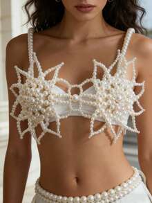 DEKUNER 手工珍珠3D星爆吊带露脐上衣，优雅派对Y2K风格珍珠吊带背心，女士 - 白色 - 查看 5