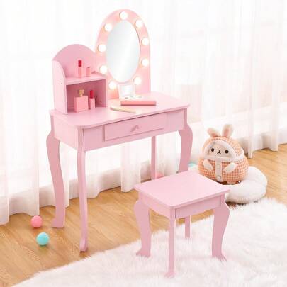 Juego de tocador para niños con espejo iluminado táctil, juego de mesa y silla para niñas con espejo, taburete y juego de maquillaje de madera, rosa