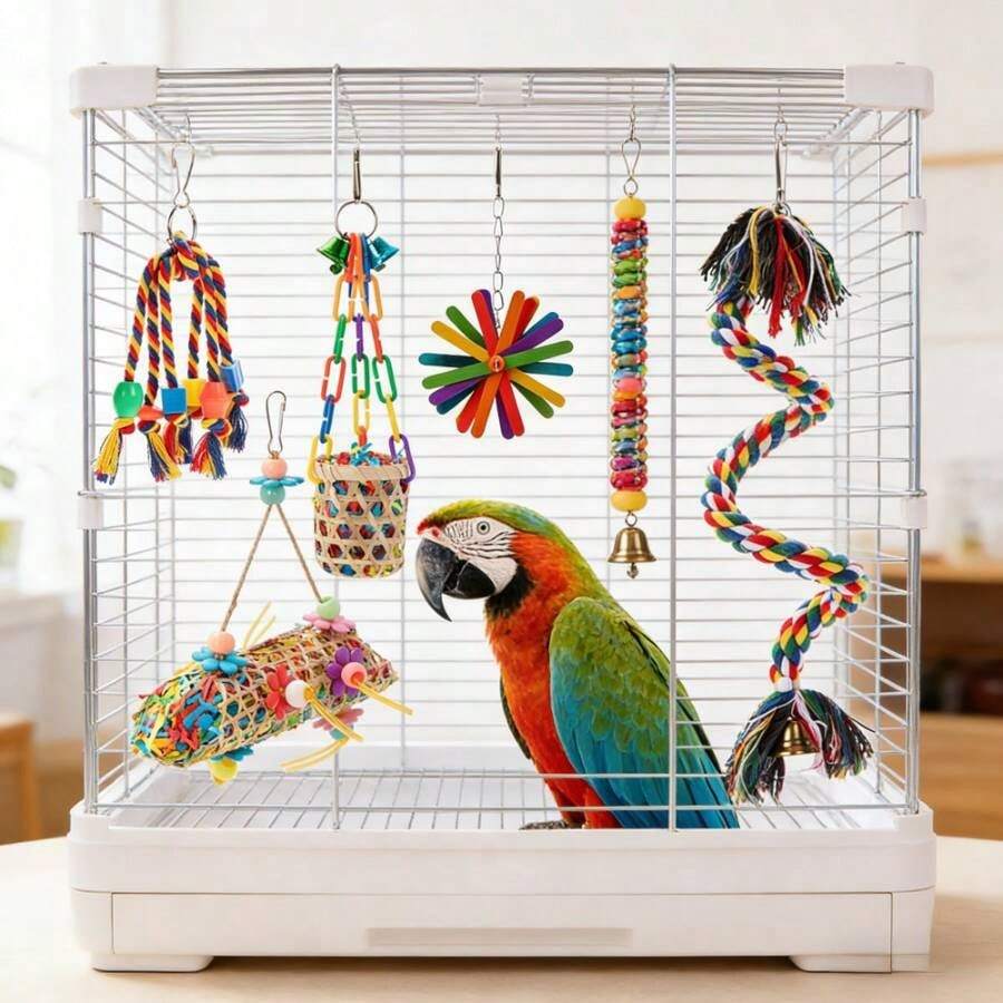 Giocattoli per uccelli con corda e campanello, giocattoli colorati per masticare, strappare e rovistare, altalena, arrampicata e appoggio per pappagalli, accessori per gabbia per cocorite, calopsite, inseparabili e pappagalli. Giocattoli per masticare, strappare e rovistare con trespolo in corda, accessori per gabbia per calopsite e inseparabili. - Multicolore - Visualizzare 1