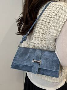 时尚纯色复古简约优雅单肩包 - 藍色 - 查看 3