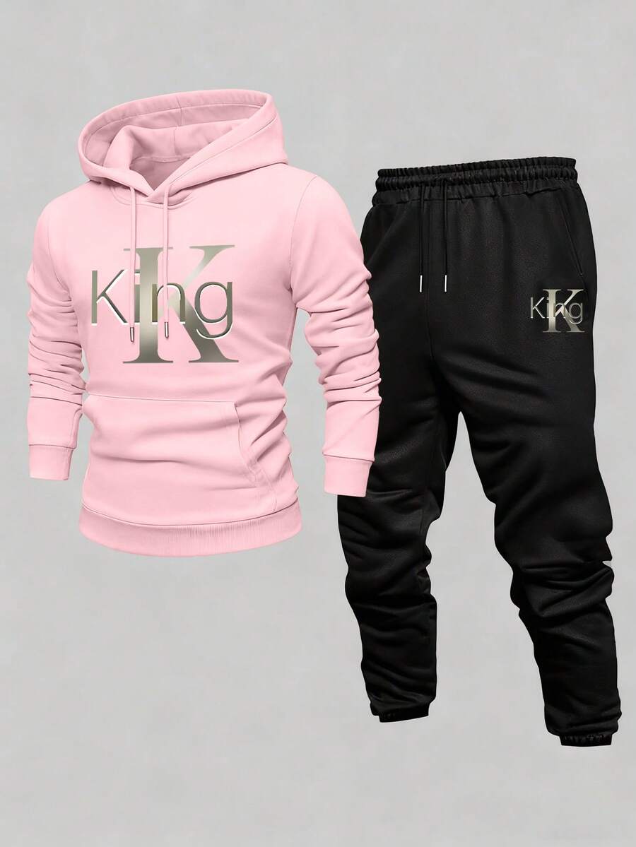 Men's Casual Fashionable Versatile K Letter Print Drawstring Hooded Loose Sweatsuit, Autumn/Winter - Pink - View 1