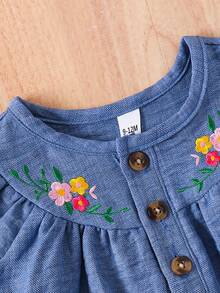 Baby Girls' Casual Sweet Floral Embroidery Round Neck Cap Sleeve Dress, Summer - Blue - View 3