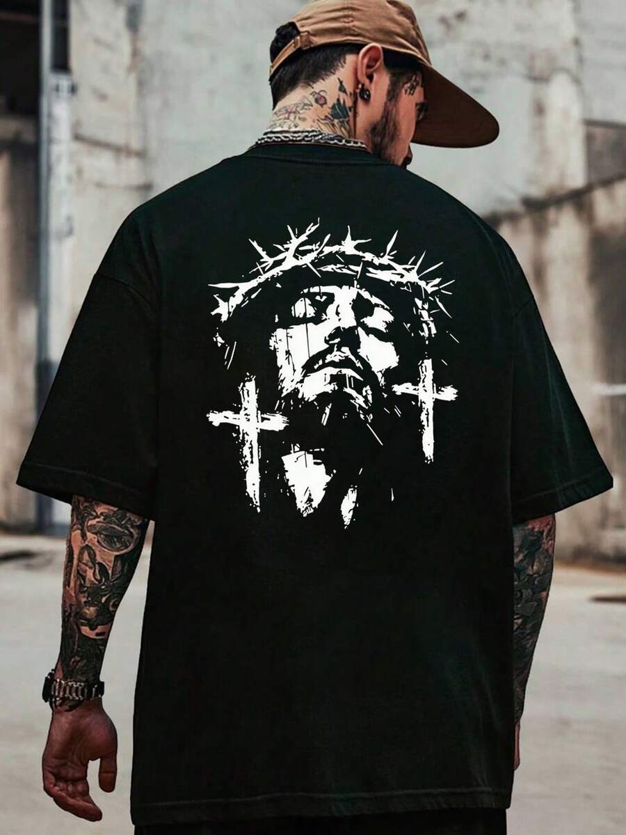 Envío nacional | camiseta de manga corta con estampado casual de algodón puro para hombres en primavera y verano - Negro - Ver 1