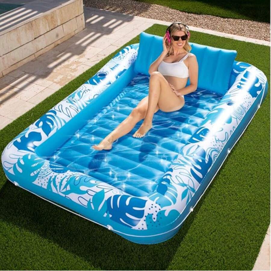 4-In-1 Inflatable Sunbathing Pool Lounger, Extra Large Swimming Pool Float With Pillow, Comfortable Inflatable Floating Raft Suitable For Home And Outdoor Activities, Picnics, And Leisure