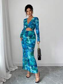 Rochie elegantă de damă, casual, cu mânecă lungă, înnodată, răsucită, decupată și crăpată, pentru birou, călătorii și plajă - Verde - Vizualizare 3