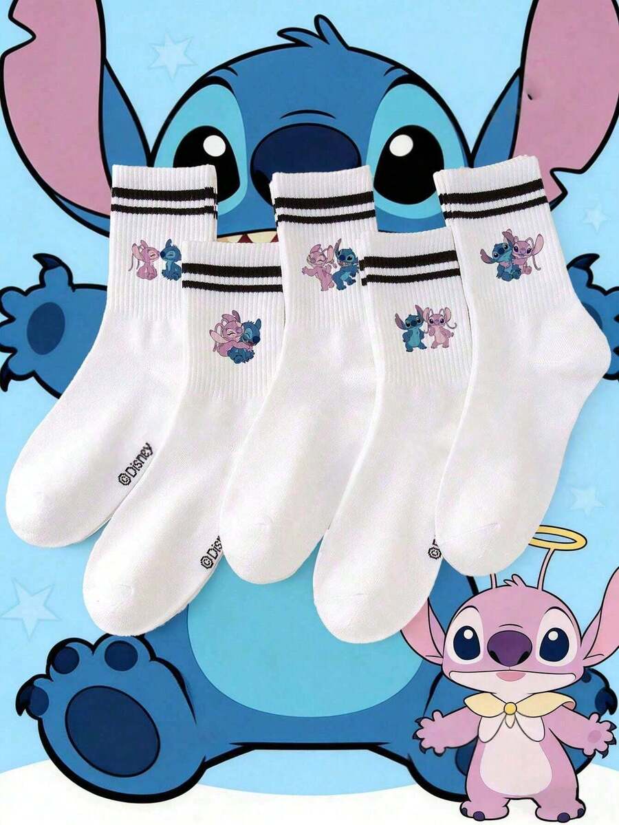 Disney 1/5 Pairs Stitch, Angel Pattern Women's Socks, "Lilo & Stitch" Cartoon, Black Double Bar White Mid-Calf Socks, Women's Short Socks, Soft Comfortable Breathable Ankle Socks, Non-Slip Boat Socks, Cool Cartoon Pattern Ankle Socks, Cute Casual Style, Daily Wear/Party Gifts/Easter/Summer, Multicolor Socks, Blue Series Socks, Cartoon Fun, - Multicolor - View 1