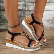 Women's Fashion 2026 Summer Vacation Style Black Beaded Linen Rope Sole 5.5CM Slip-On Sandals, Women's Retro Wedge Thick Bottom Bohemian Woven Slip-On Sandals - Black - View 12