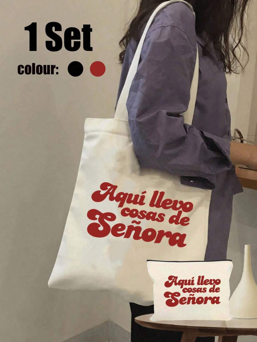 Neutral Handbag Set, Including Shoulder Bag And Beauty Bag, Minimalist University Style, Printed With English Letters, Canvas Material, Portable Shopping Bag For Going Out, Beige Shopping Bag, White Stationery Bag, Foldable Portable Printed Handbag, Mommy Bag, Fitness Bag, Large Capacity, Suitable For Commuting, School And University, Suitable For Teachers, Classmates, Wives And Family, Christmas, Thanksgiving Gifts