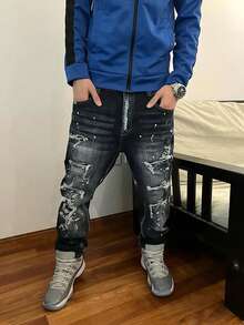 做旧猫须直筒牛仔裤，泼墨牛仔裤，毛边阔腿宽松牛仔裤，Y2K街头风休闲棉质日常裤 - 黑色 - 查看 1