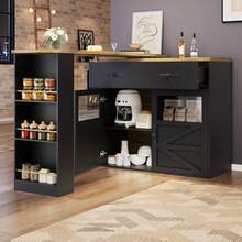 Ausziehbarer Bartisch Mit Stauraum(138-204*39*104cm) , 360° Drehbare Essbar,Modern Beweglicher Bar Table,Hochtisch Kücheninsel Bistro Table, Sideboardschrank Mit Regalen,Schwarz - Black - View 5