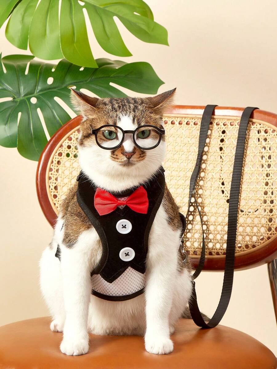 PETSIN 1 件装宠物胸背带和背带，适用于中小型犬、泰迪狗链、狗牵引绳、狗用品 - 黑色 - 查看 1