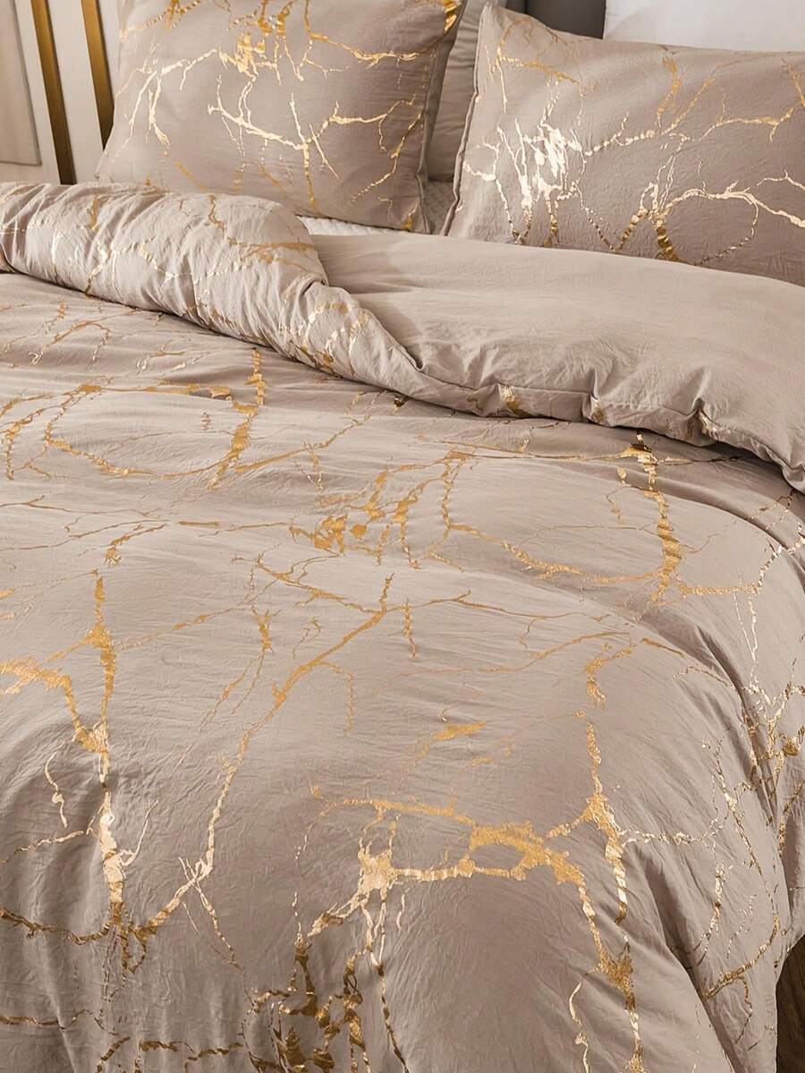 3件套纯色烫金闪光金属大理石纹被套套装（1条被子+2个枕套）柔软亲肤涤纶室内卧室被套套装，乡村复古风床上用品，宿舍装饰，美观床上用品，热门家纺