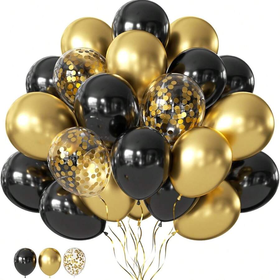 60pcs Gold & Black Metallic Latex Balloon Set, 12-Inch Metallic Confetti Balloons, Photo Props, Decoration For Birthday, Wedding, Valentine's Day, Mother's Day, Graduation, Bachelor Party, Celebration
