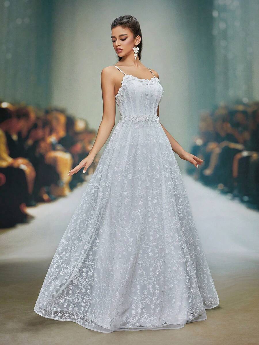 Anpoket New Arrival Tank Delicate Wedding Dress Embroidery 3D Floral A-Line Dres,White Dress,Wedding Guest Party, Vacation,Summer,Festival - White - View 1
