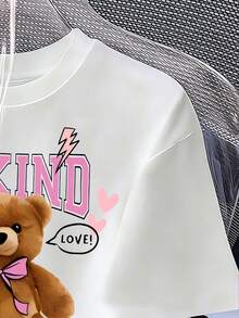 少女卡通熊字母印花宽松短袖圆领T恤 - 白色 - 查看 4