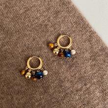 Silver Needle Pearl Tiger Eye Stone Crystal Beaded Water Drop Pendant Earrings Vintage Earrings Studs Niche Design Sense Ear Jewelry - #2 Kim Bạc - Vàng - Xanh - Xem 10