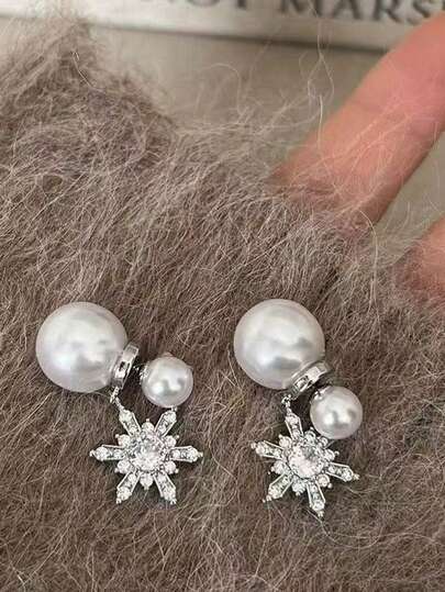 双面珍珠雪花流苏优雅耳环，独特设计，女士奢华耳环，秋冬新款