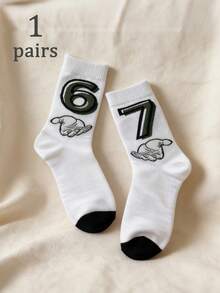 1/2/5 双装中筒创意男女通用袜，印有“6/7”数字和手势图案，前卫男士袜，复古原宿“六七”嘻哈风格袜，适合日常穿着，白色袜子，女士袜，适合年轻人，四季皆宜休闲穿着 - 彩色 - 查看 7