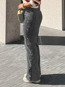 Women's Elegant Pearl Embellished Washed Gray Wide Leg Jeans, Versatile For Daily, Commute, Date