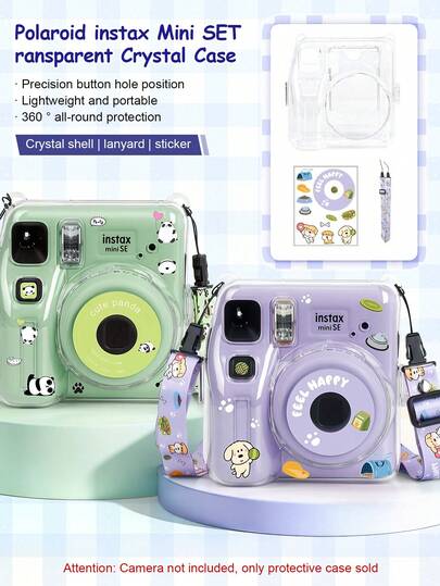 Estuche protector 3 en 1 transparente, estuche de cristal, set de estuche protector con tema de panda/perro con correa, pegatina, estuche de cristal para cámara Mini SE, recortes precisos, protección completa de 360°, estuche rígido resistente a arañazos y caídas para uso en exteriores