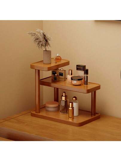1个棕色桌面收纳架，装饰性收纳架，多层木质桌面收纳架带杯架 - 现代浅棕色独立式桌面整理架，无需组装，节省空间，适用于浴室、厨房、卧室梳妆台 - 木质化妆品和洗漱用品收纳架