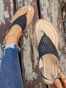 Sandálias De Dedo Vazadas Em Pu Estilo Boêmio Para Praia. - Preto - Ver 6